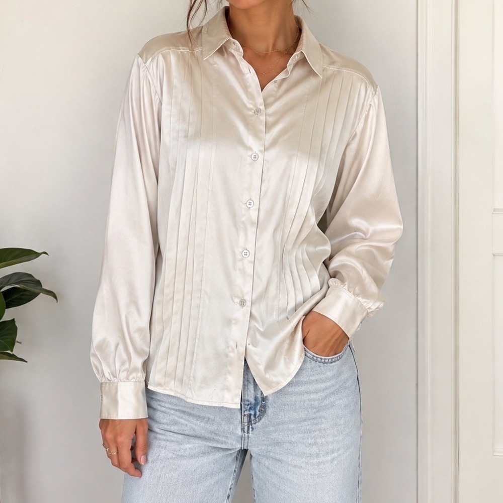 Escada Margaretha Ley Vintage Silk Blouse Champagne Pleated Button Top Size 34
